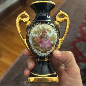 Antique Limoges mini vase. Gold details, deep blue color. Romantic art